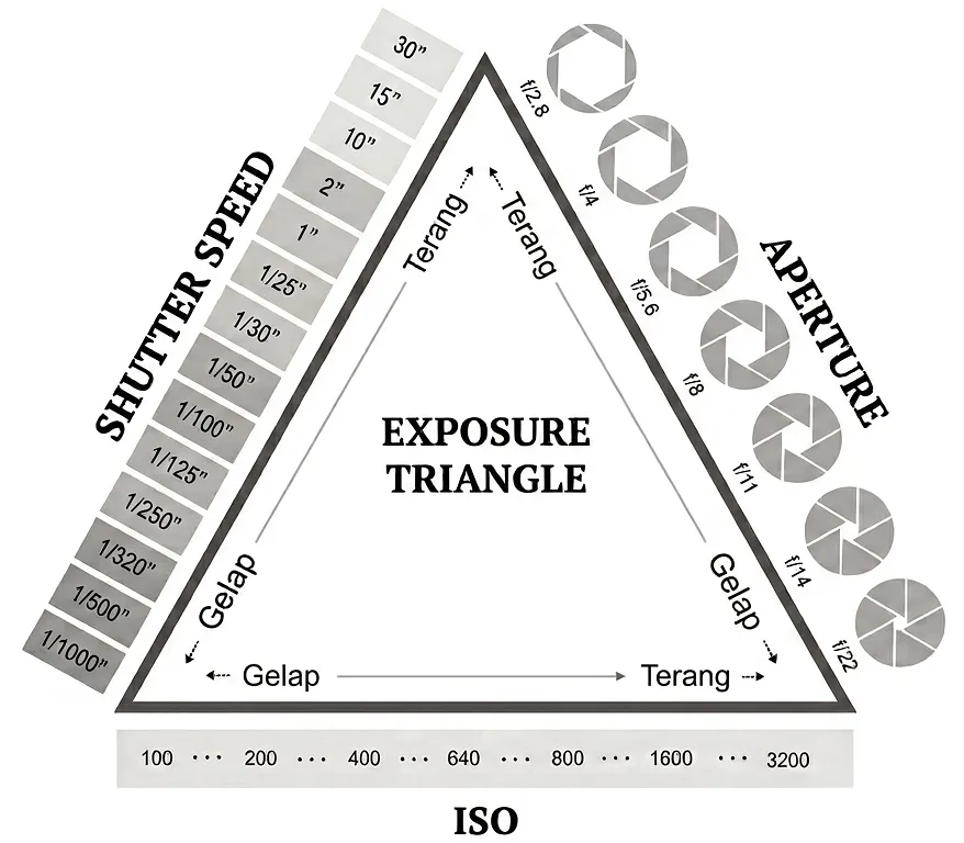 Diagram Exposure Triangle: ISO, aperture, dan shutter speed