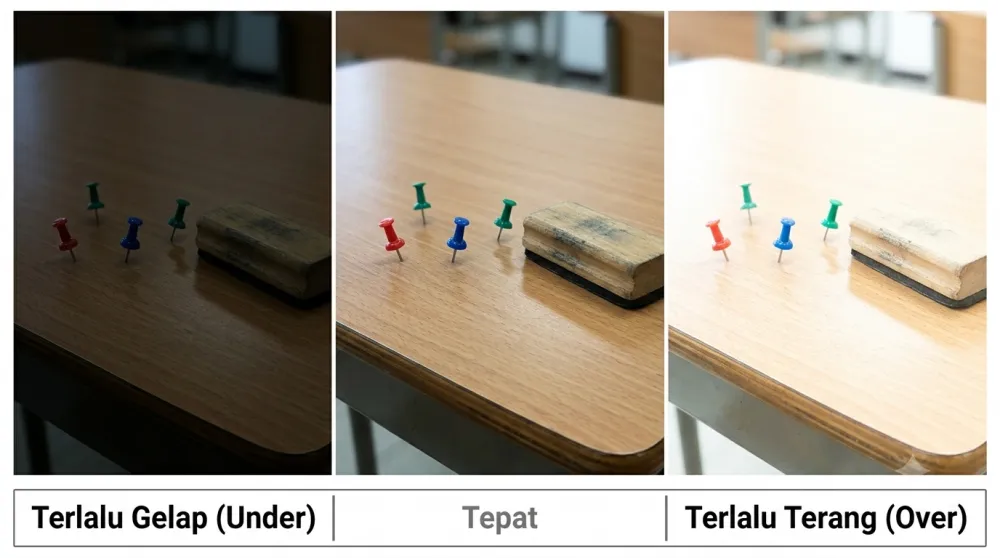 Perbandingan foto under exposure, exposure tepat, dan over exposure
