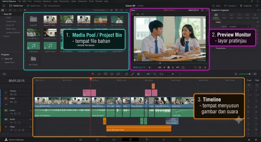 Antarmuka software editing dengan label media pool, preview monitor, dan timeline